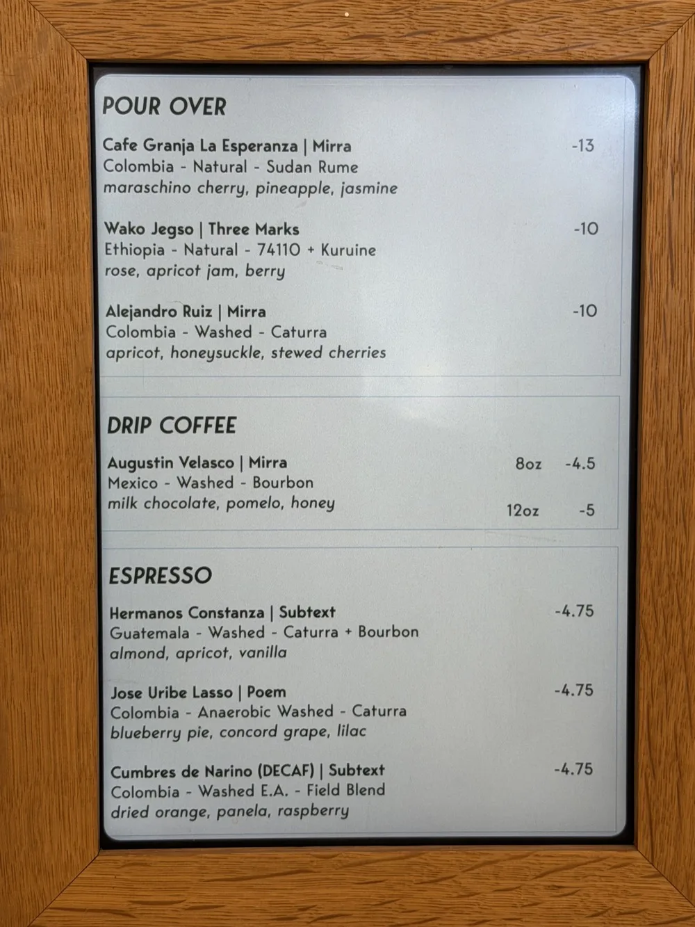 Homage's pour-over menu listing the Café Granja La Esperanza Sudan Rume from Mirra: Colombia, natural, with maraschino cherry, pineapple, and jasmine.