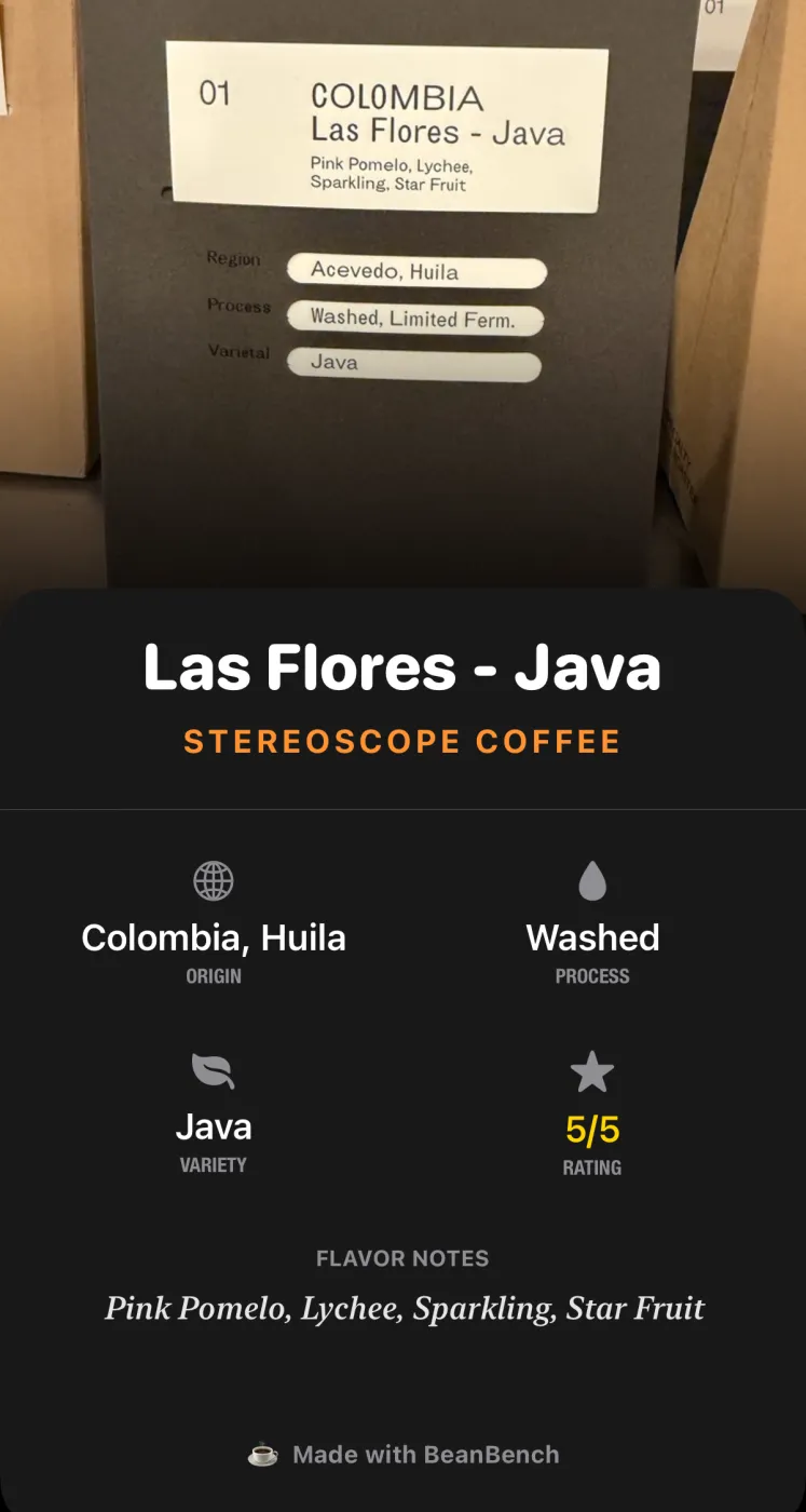 The BeanBench bean card for Las Flores - Java from Stereoscope Coffee: Colombia, Huila, washed, Java variety, rated 5 out of 5, with flavor notes of pink pomelo, lychee, sparkling, and star fruit.