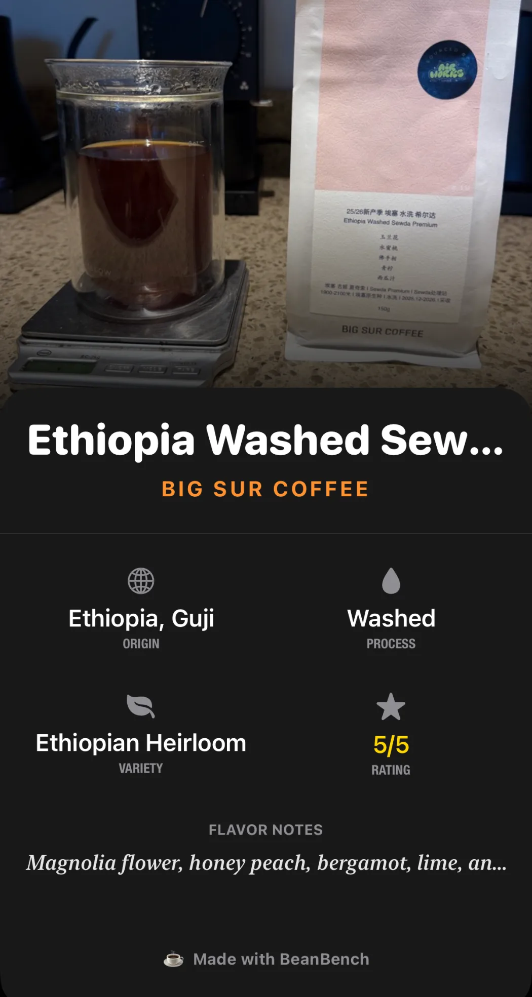 The BeanBench bean card for Ethiopia Washed Sewda Premium from Big Sur Coffee: Ethiopia, Guji, washed, Ethiopian Heirloom, rated 5 out of 5, with flavor notes of magnolia flower, honey peach, bergamot and lime.