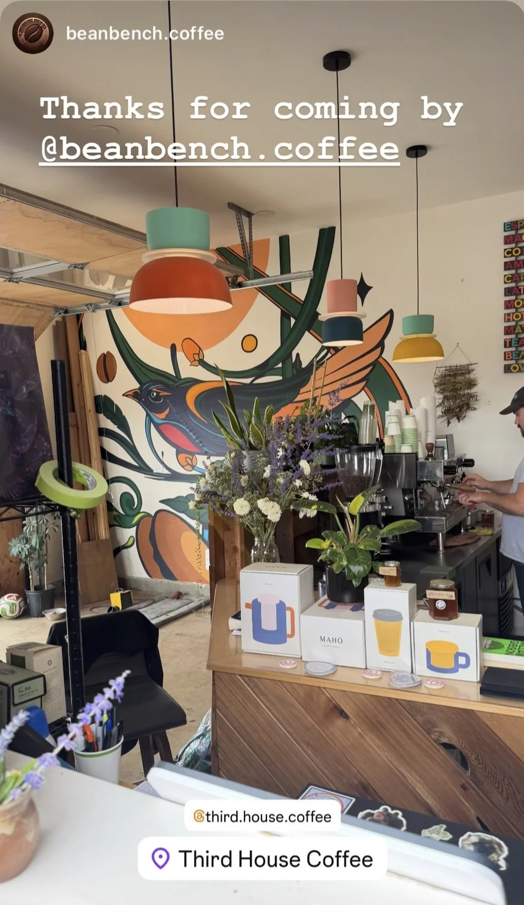 Inside Third House Coffee in Friday Harbor: a large mural of a bird among orange and green foliage on the back wall, colourful pendant lamps, cut flowers and plants on the wooden counter, retail boxes and jars for sale, and a barista working at the espresso machine. Third House reshared the photo to their Instagram story with the caption 'Thanks for coming by @beanbench.coffee'.