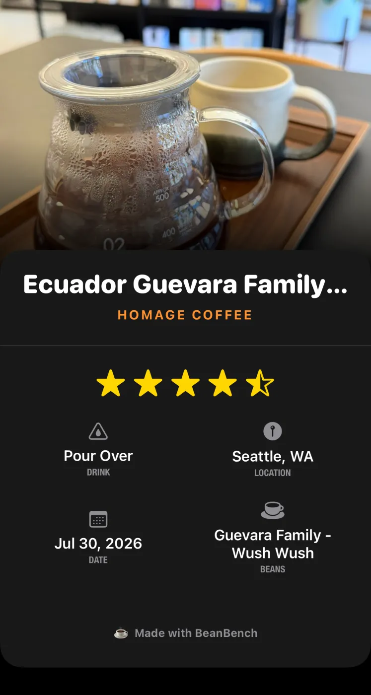 The BeanBench check-in for the Ecuador Guevara Family Wush Wush at Homage Coffee, rated four and a half stars, pour over, Seattle, July 30 2026.