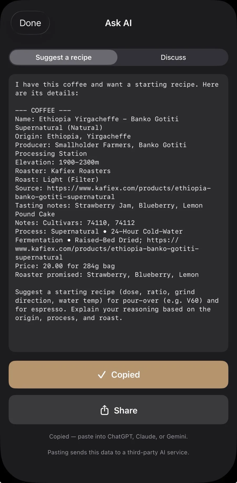The BeanBench Ask AI screen with Suggest a recipe selected, showing a generated prompt containing the origin, producer, elevation, roaster, roast level, tasting notes, process and price for an Ethiopian Yirgacheffe natural, above a Copied button