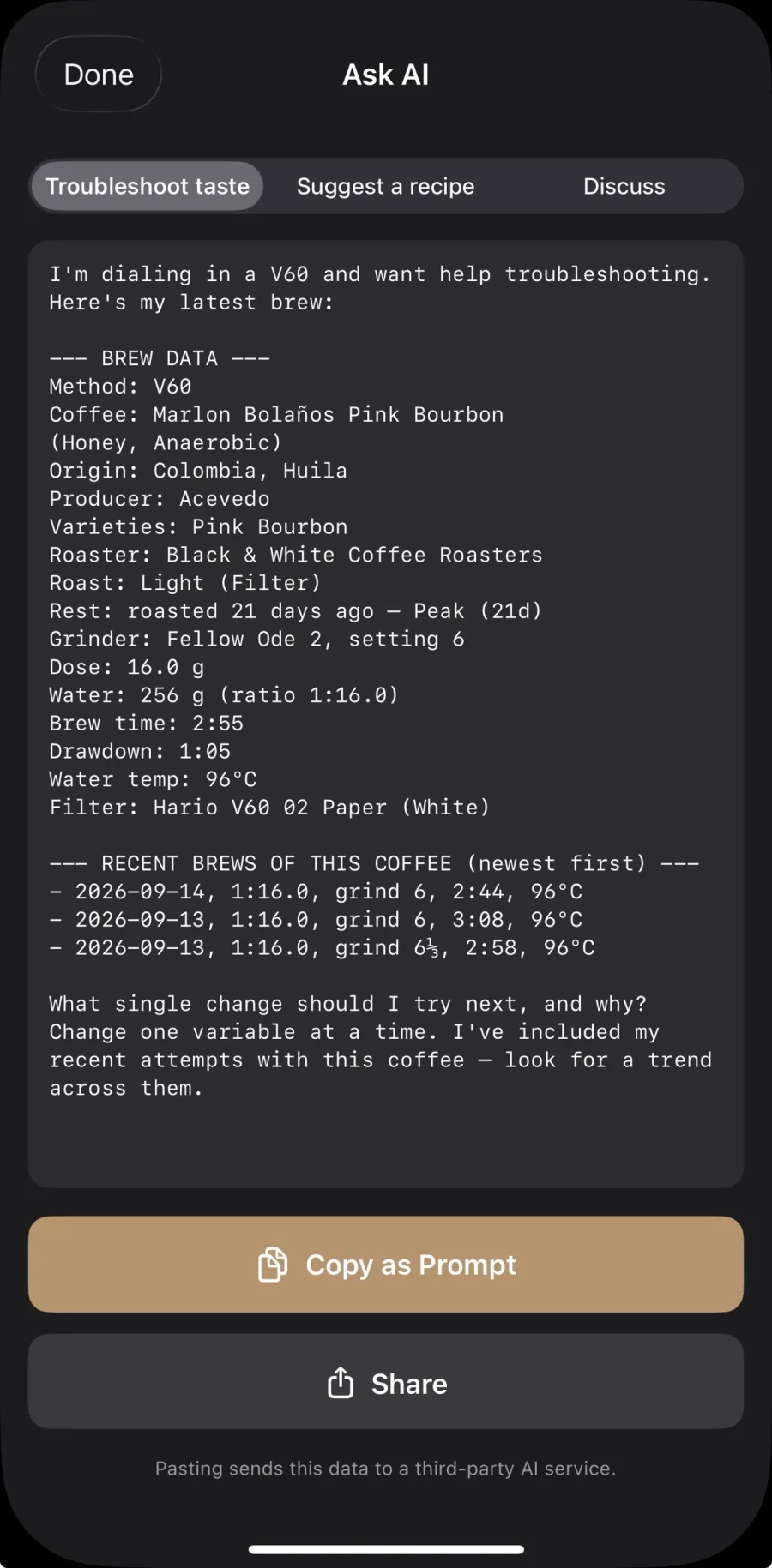 The BeanBench Ask AI screen with Troubleshoot taste selected, listing brew data for a V60 including grinder setting, dose, ratio, brew time, drawdown and water temperature, then three recent brews of the same coffee, and asking what single change to try next