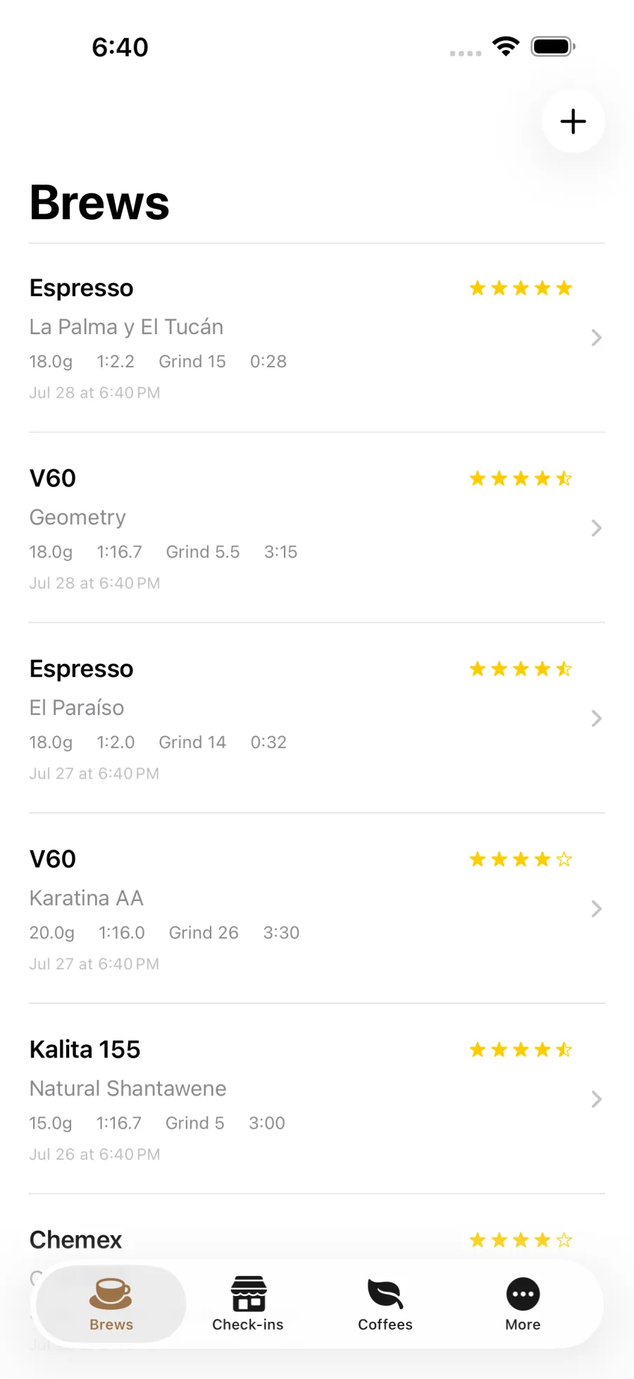The BeanBench brew log listing espresso and pour-over entries with ratio, grind, time and star rating