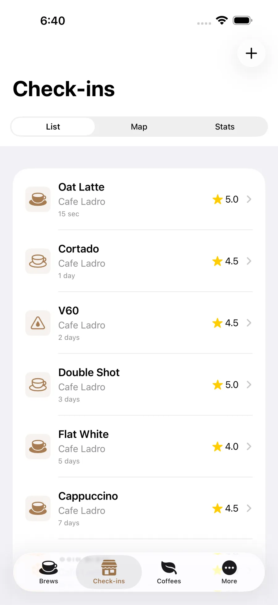 The BeanBench check-ins screen listing rated cafe drinks with star ratings, plus List, Map, and Stats tabs