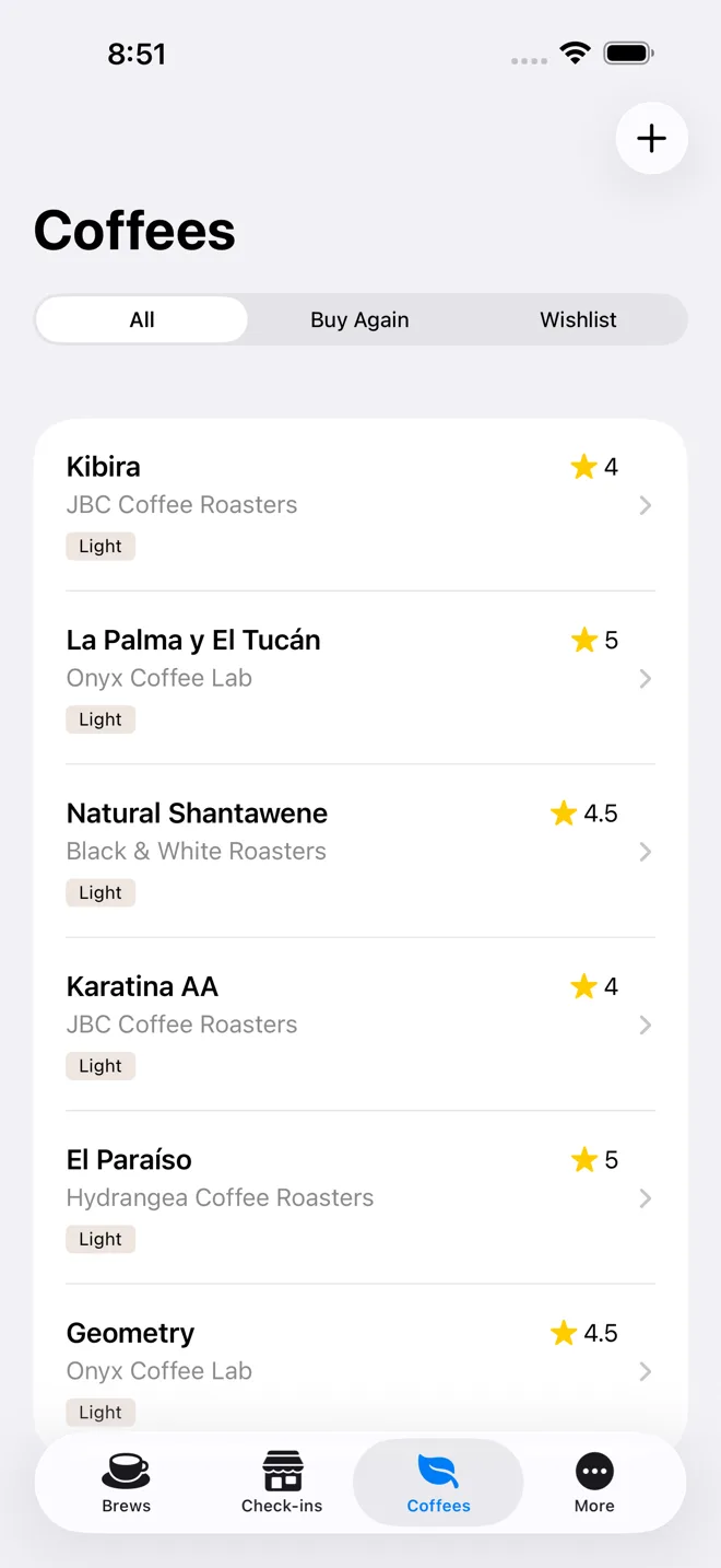 The BeanBench coffee library on iPhone, listing beans by roaster with star ratings and roast level