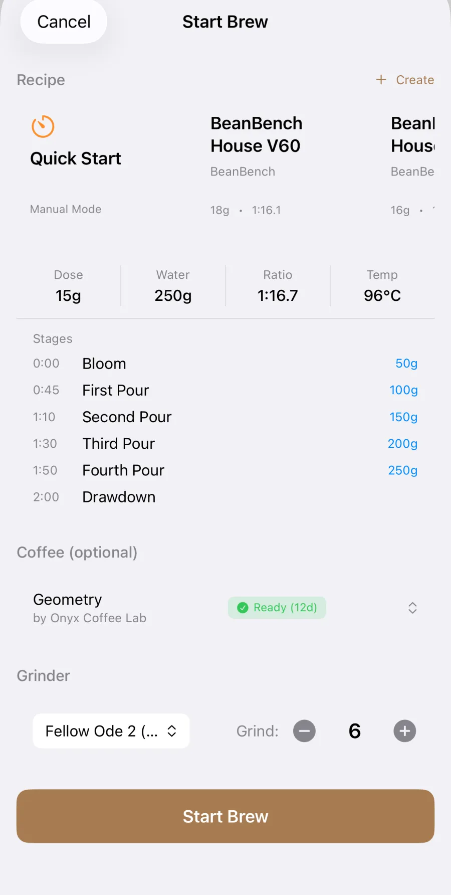The BeanBench guided brew setup for a V60: dose, water, ratio and temperature up top, then timed pour stages from bloom through four pours to drawdown