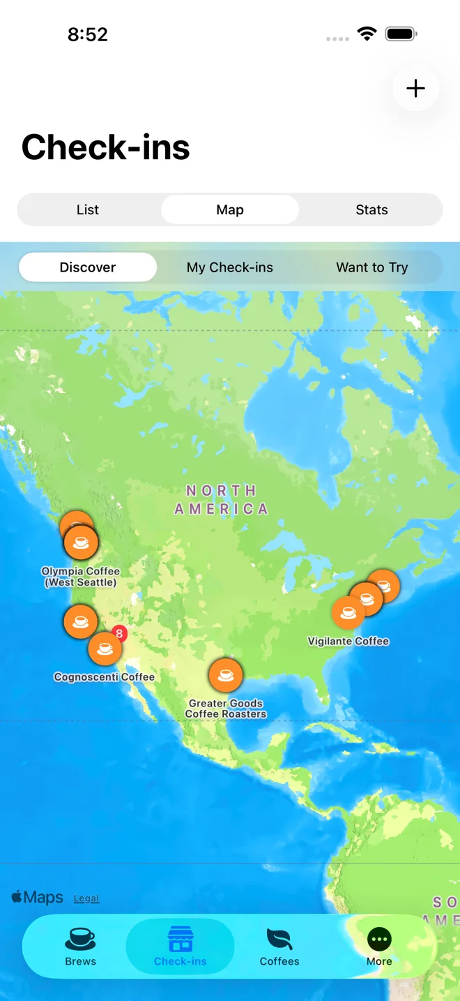 The BeanBench check-in map showing logged cafe visits