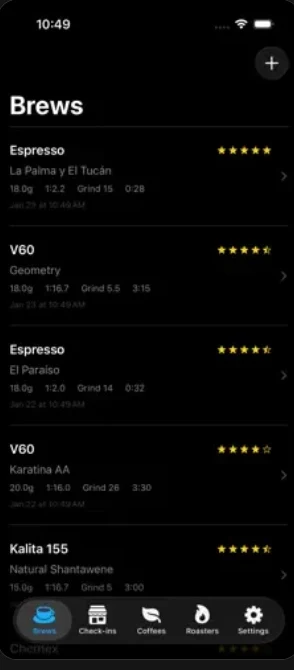 The BeanBench brew list: espresso and pour-over entries with ratios, grind settings, times, and star ratings