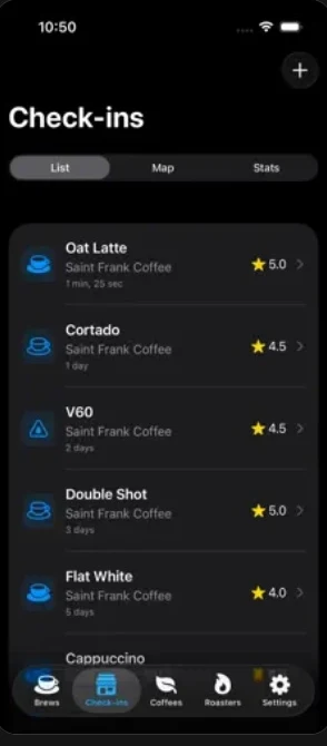 The BeanBench check-ins screen listing cafe drinks from Saint Frank Coffee with star ratings