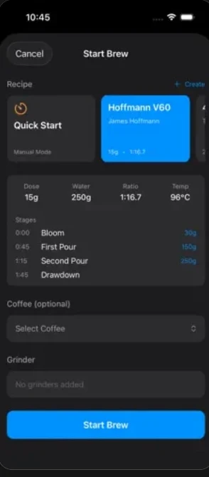 A guided brew in BeanBench running James Hoffmann's V60 recipe, showing bloom, first pour, second pour, and drawdown stages with target weights